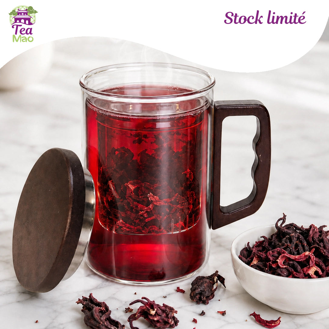 Mug infuseur 400ml en verre borosilicate avec infuseur inox et couvercle – accessoire infusion en vrac, TEA MAO