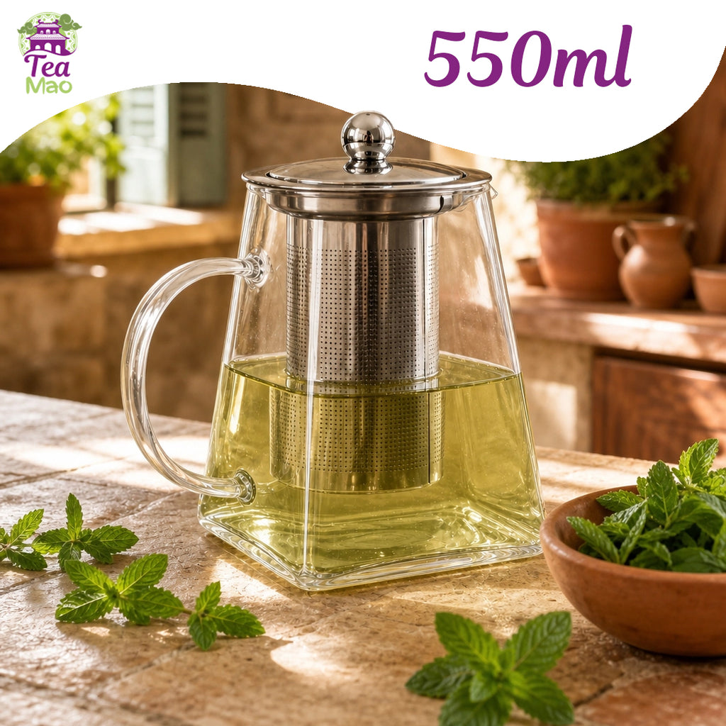 Tisanière en verre transparent 550ml avec infuseur et couvercle – infusions en vrac à la maison, TEA MAO