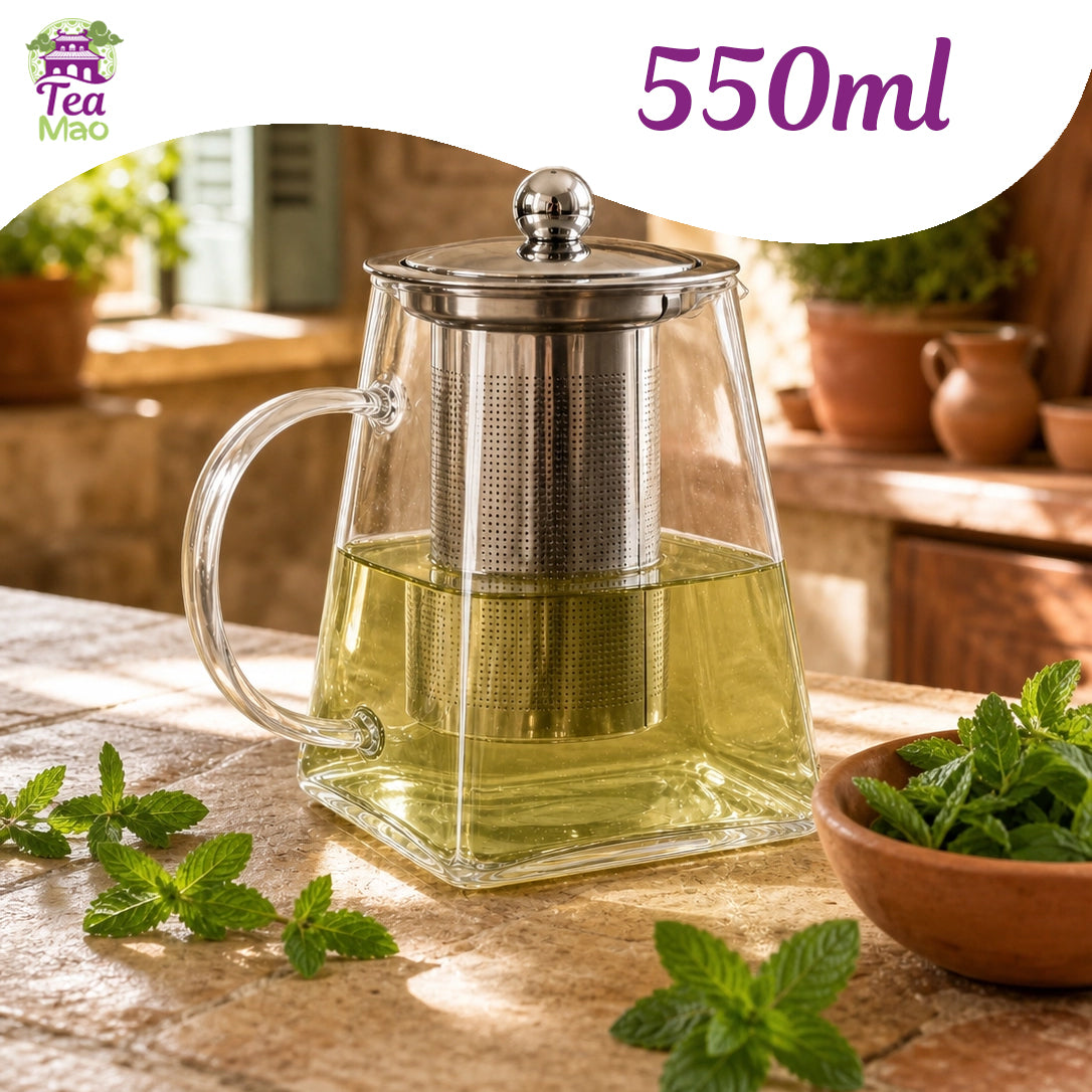 Tisanière en verre transparent 550ml avec infuseur et couvercle – infusions en vrac à la maison, TEA MAO