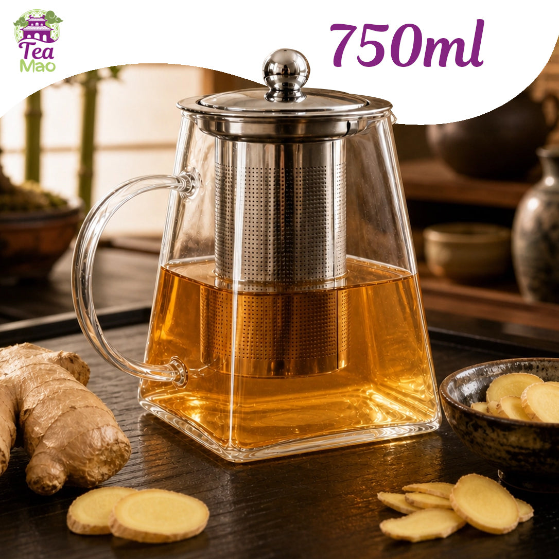Tisanière en verre transparent 750ml avec infuseur et couvercle – grande capacité pour infusions en vrac, TEA MAO