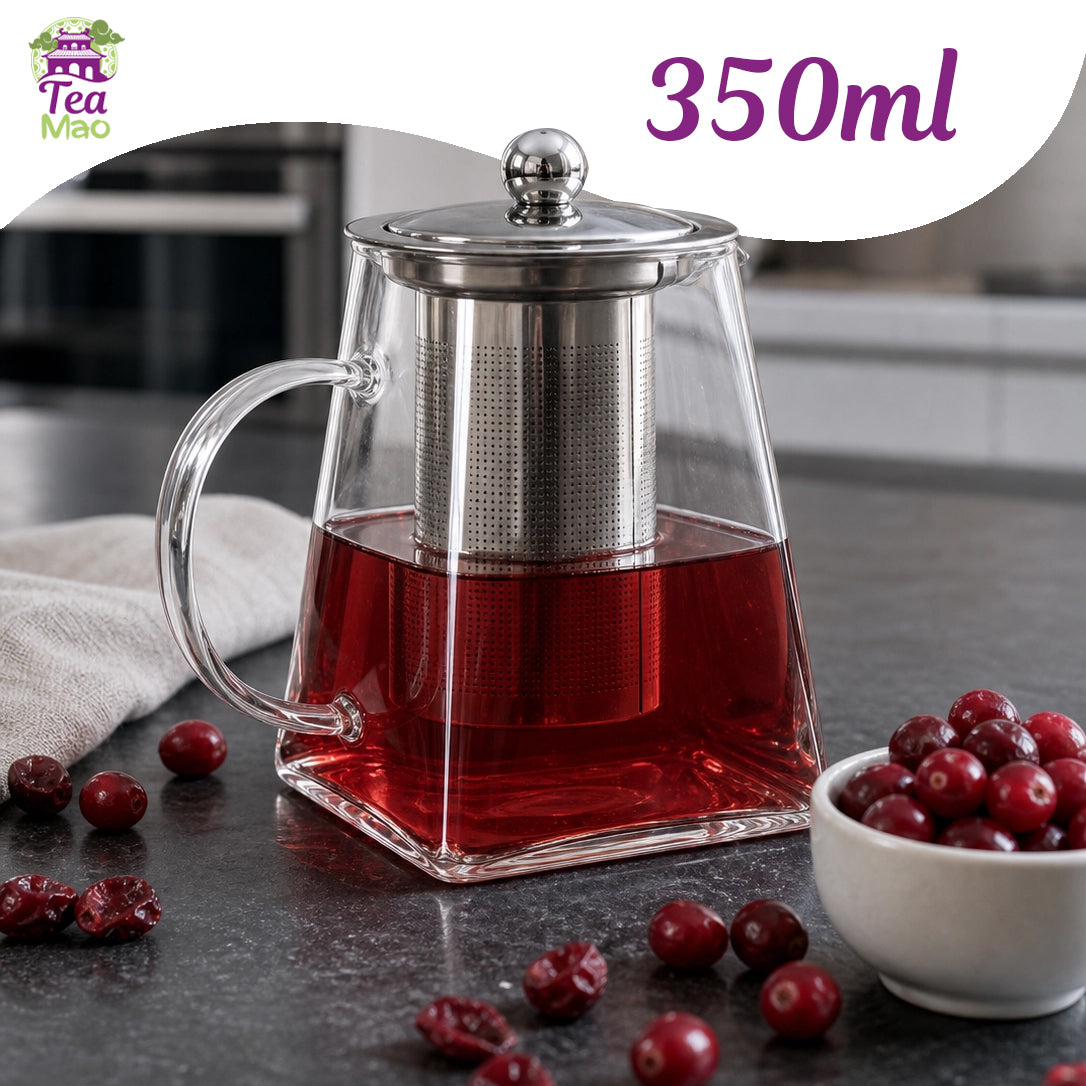 Tisanière en verre transparent 350ml avec infuseur et couvercle – format compact pour infusions individuelles, TEA MAO