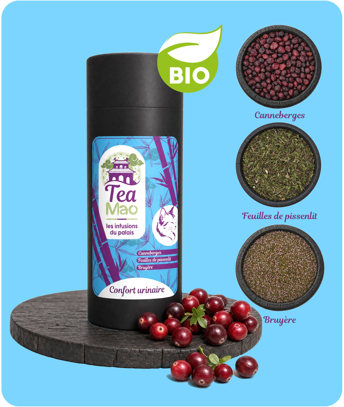 Infusion confort urinaire BIO – canneberges, pissenlit et bruyère en vrac – TEA MAO